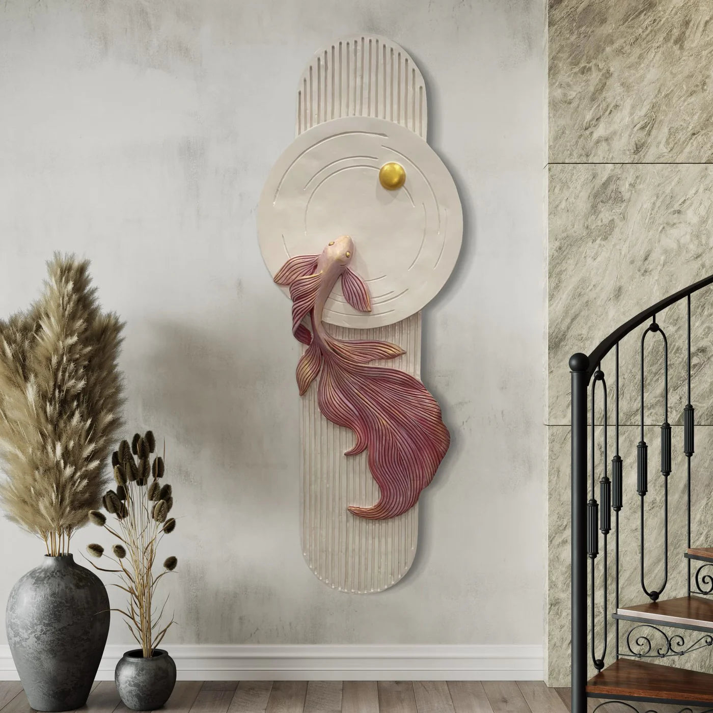 5X2 Feet Koi Fish 3d Abstract Relief Mural | Fish Wall Art | LED Light Installed