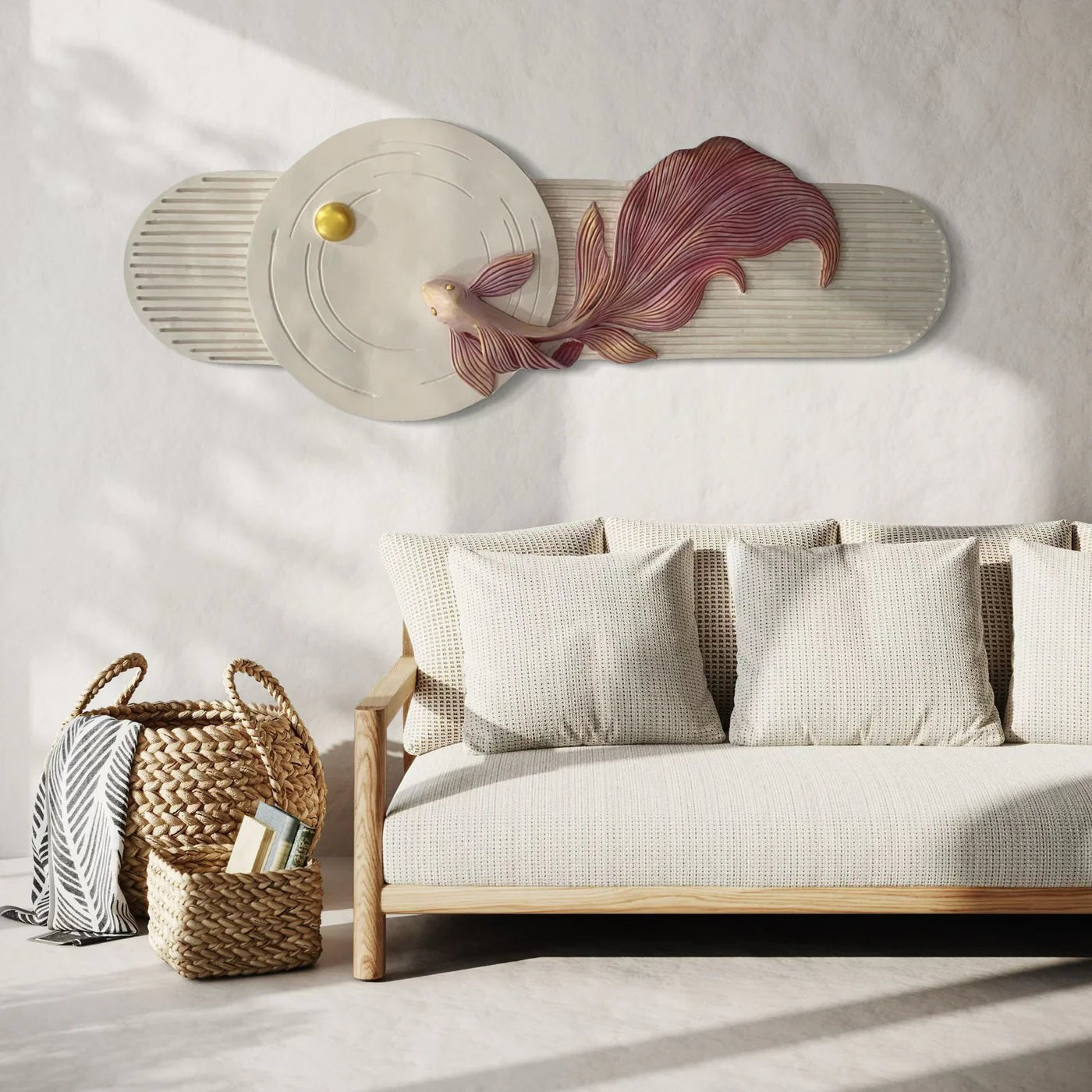 5X2 Feet Koi Fish 3d Abstract Relief Mural | Fish Wall Art | LED Light Installed