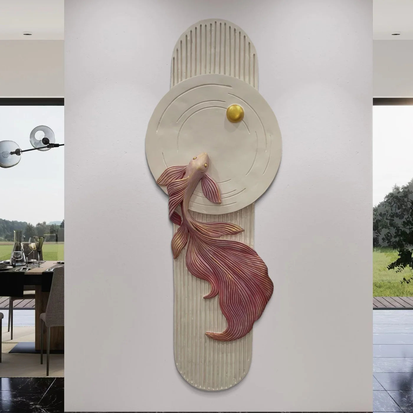 5X2 Feet Koi Fish 3d Abstract Relief Mural | Fish Wall Art | LED Light Installed