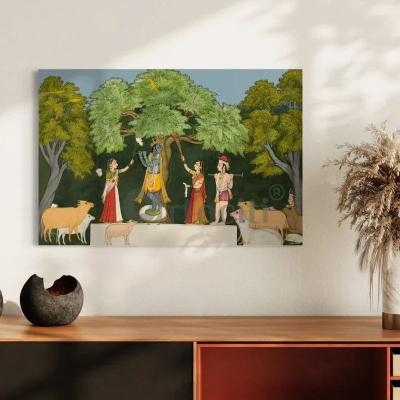 Krishna Entertaining Companions Pichwai Art Canvas Giclee Painting