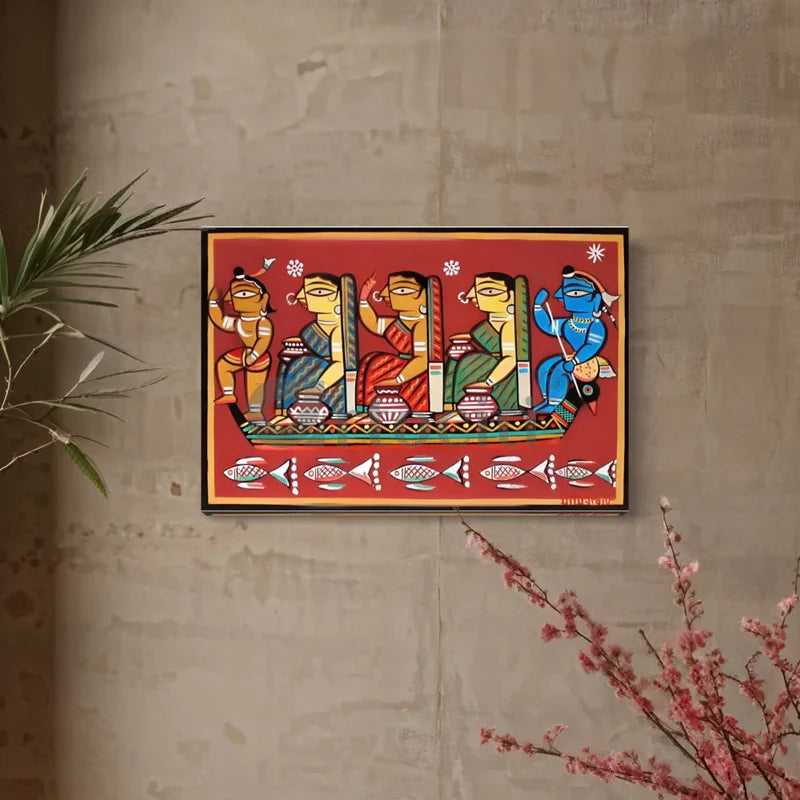 Krishna, Gopika & Radha Krishna Boating by Jamini Roy Kalighat Painting