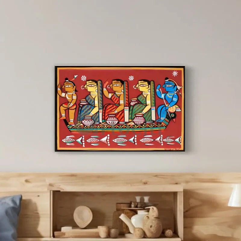 Krishna, Gopika & Radha Krishna Boating by Jamini Roy Kalighat Painting