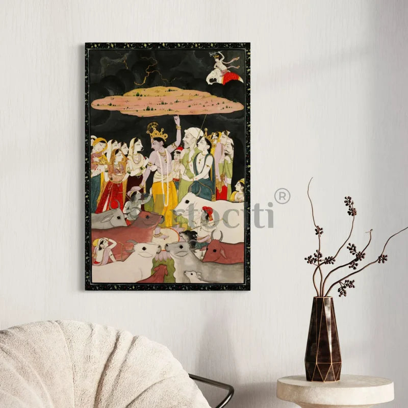 Krishna Lifting the Mountain Govardhana Pahari Canvas Giclee Print