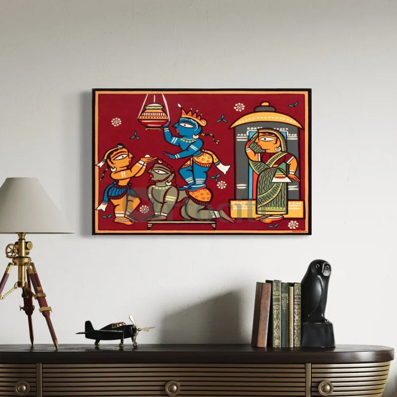 Krishna Makhan Chor by Jamini roy Painting Canvas Giclee Print Kalighat Painting