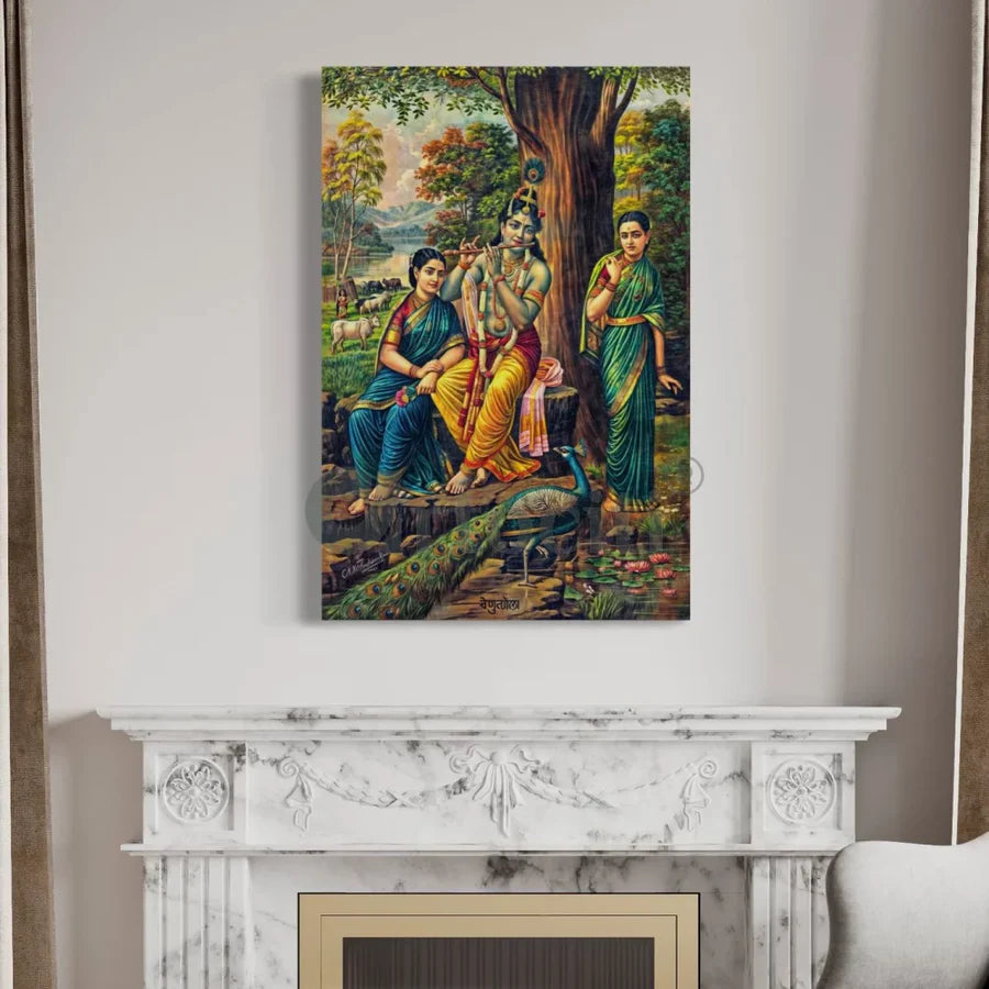 Krishna with Gopis Venulola Art by Raja Ravi Varma Famous Canvas Painting