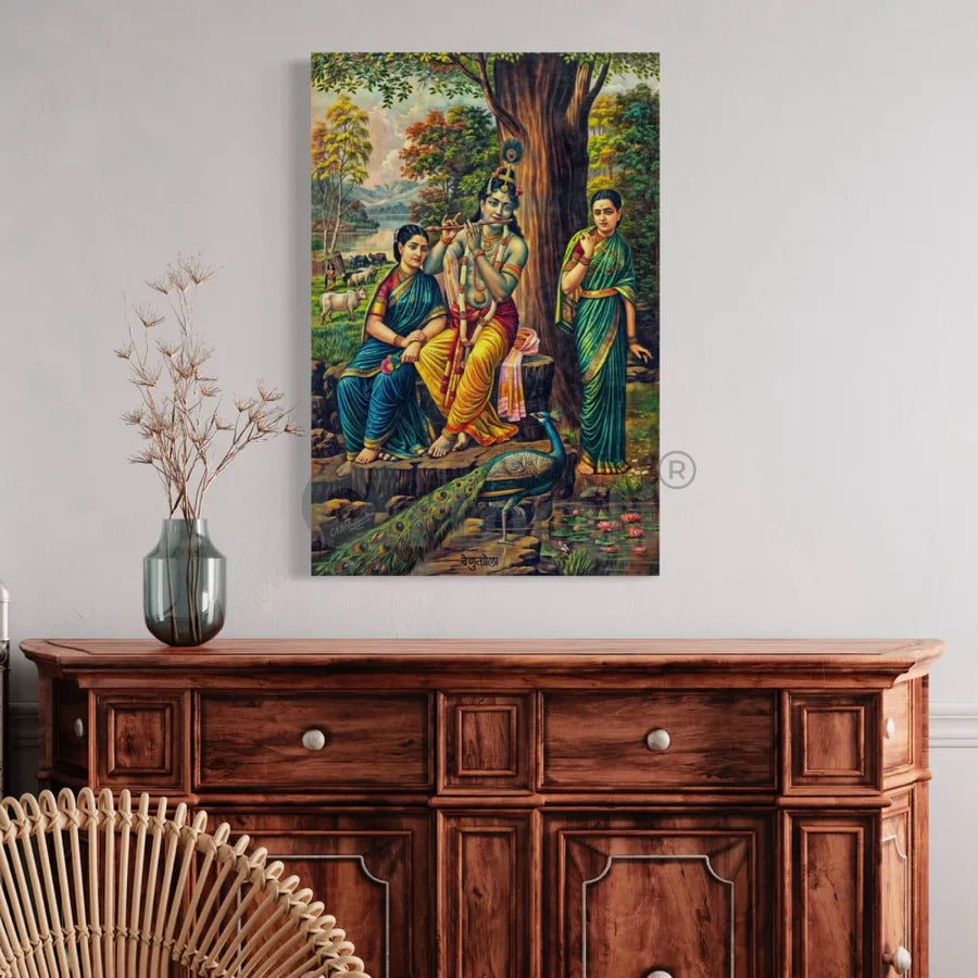 Krishna with Gopis Venulola Art by Raja Ravi Varma Famous Canvas Painting