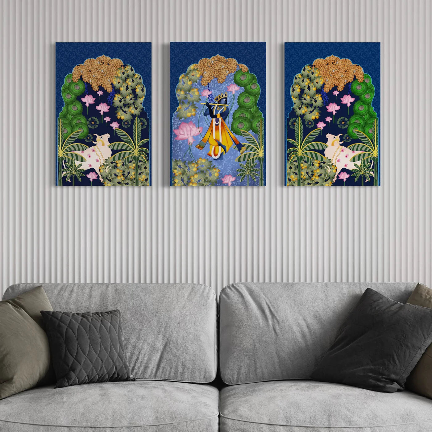 Indian Colorful Krishna Pichwai Wall Painting (Set Of 3)