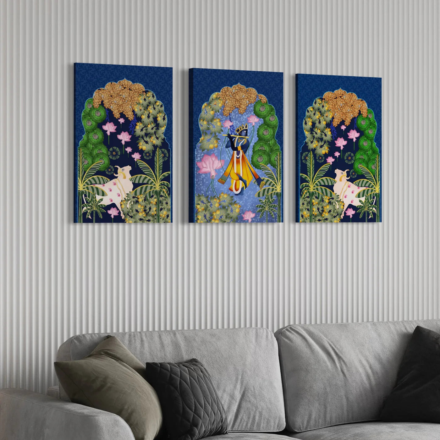 Indian Colorful Krishna Pichwai Wall Painting (Set Of 3)