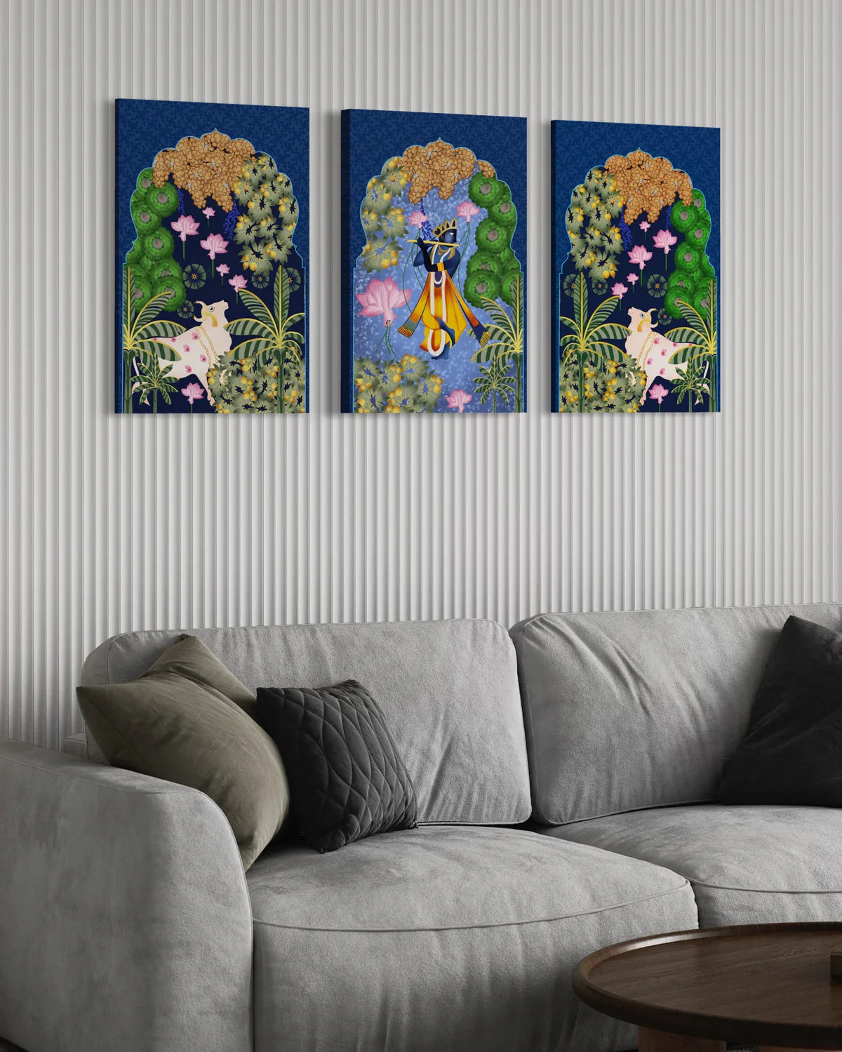 Indian Colorful Krishna Pichwai Wall Painting (Set Of 3)