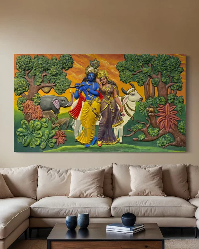 7x4 Feet Radha Krishna 3D Elevation Sculpture Relief Mural Wall Art