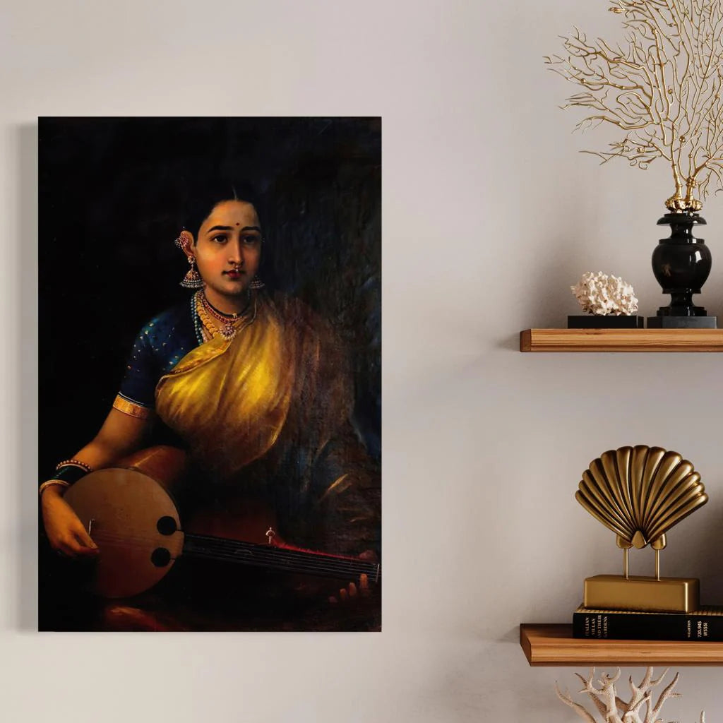 Lady Playing The Swarbat By Raja Ravi Varma Famous Canvas Painting