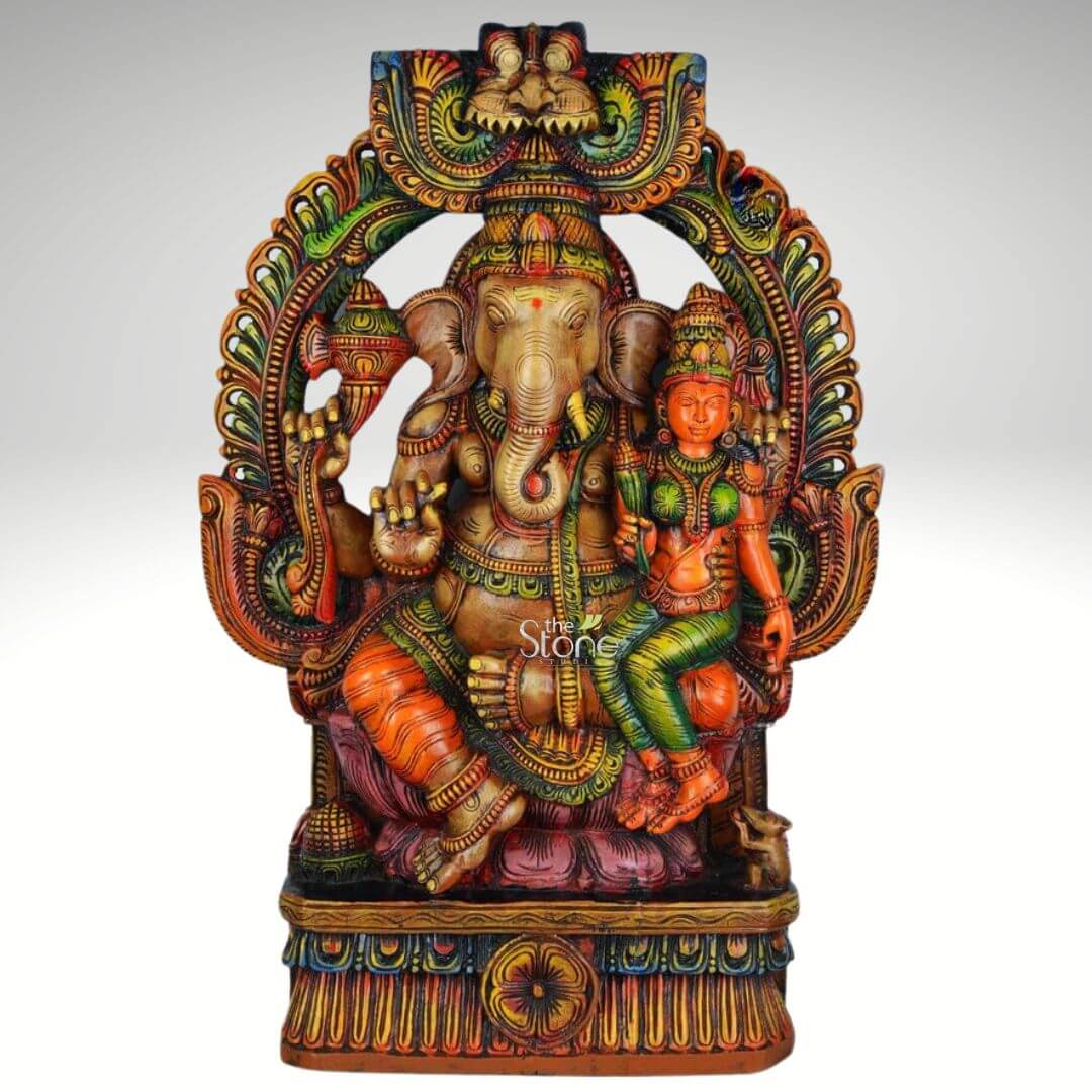 Large Wood Ganesh with Lakshmi Statue 3ft