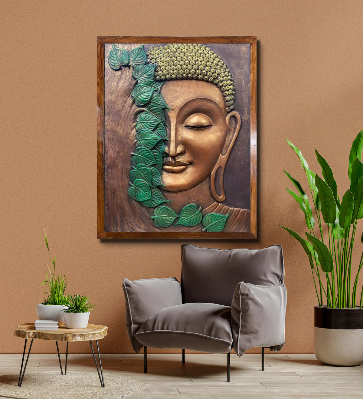 4x3 Feet Large Size 3D Buddha With Green Leaves Relief Mural Wall Art