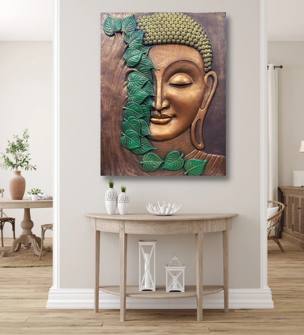 4x3 Feet Large Size 3D Buddha With Green Leaves Relief Mural Wall Art