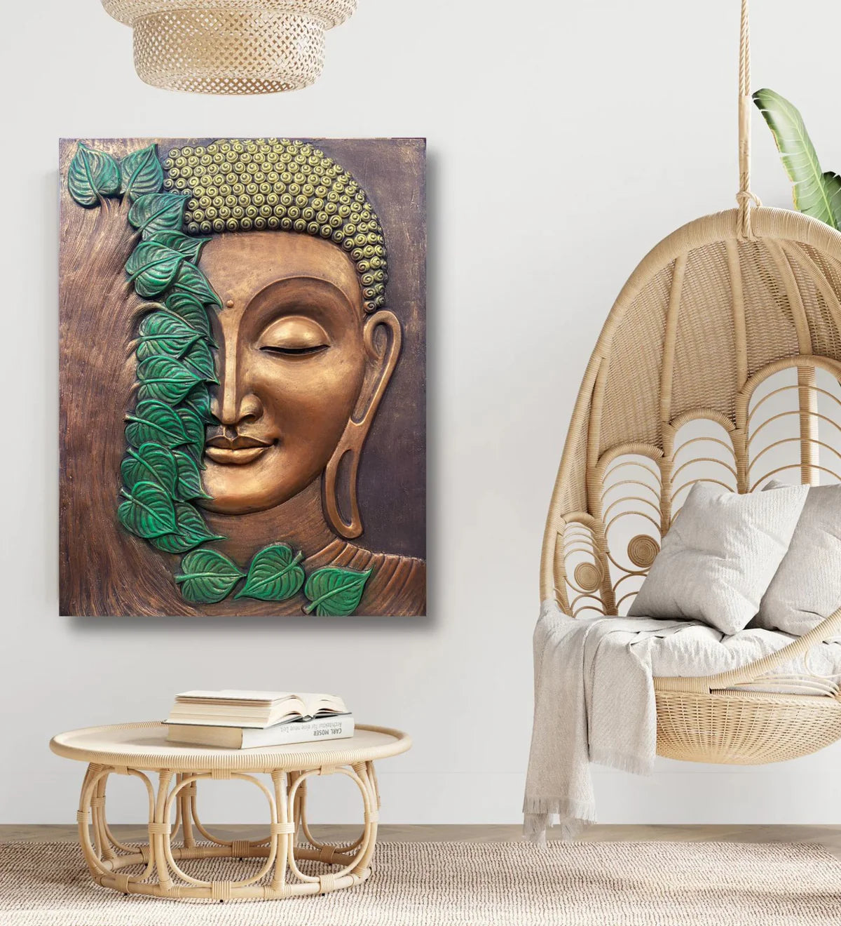 4x3 Feet Large Size 3D Buddha With Green Leaves Relief Mural Wall Art