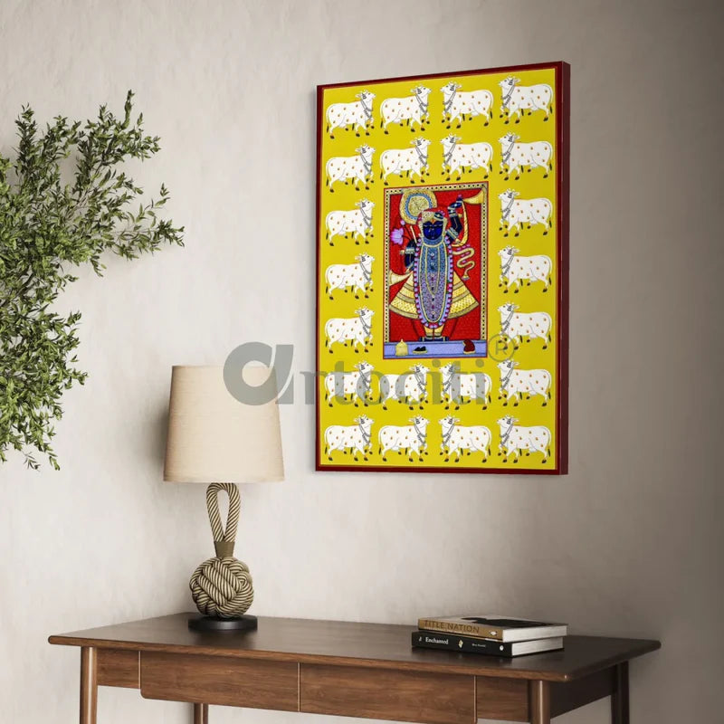 Lord Shreenathji Pichwai in Yellow Traditional Art Canvas Giclee Print