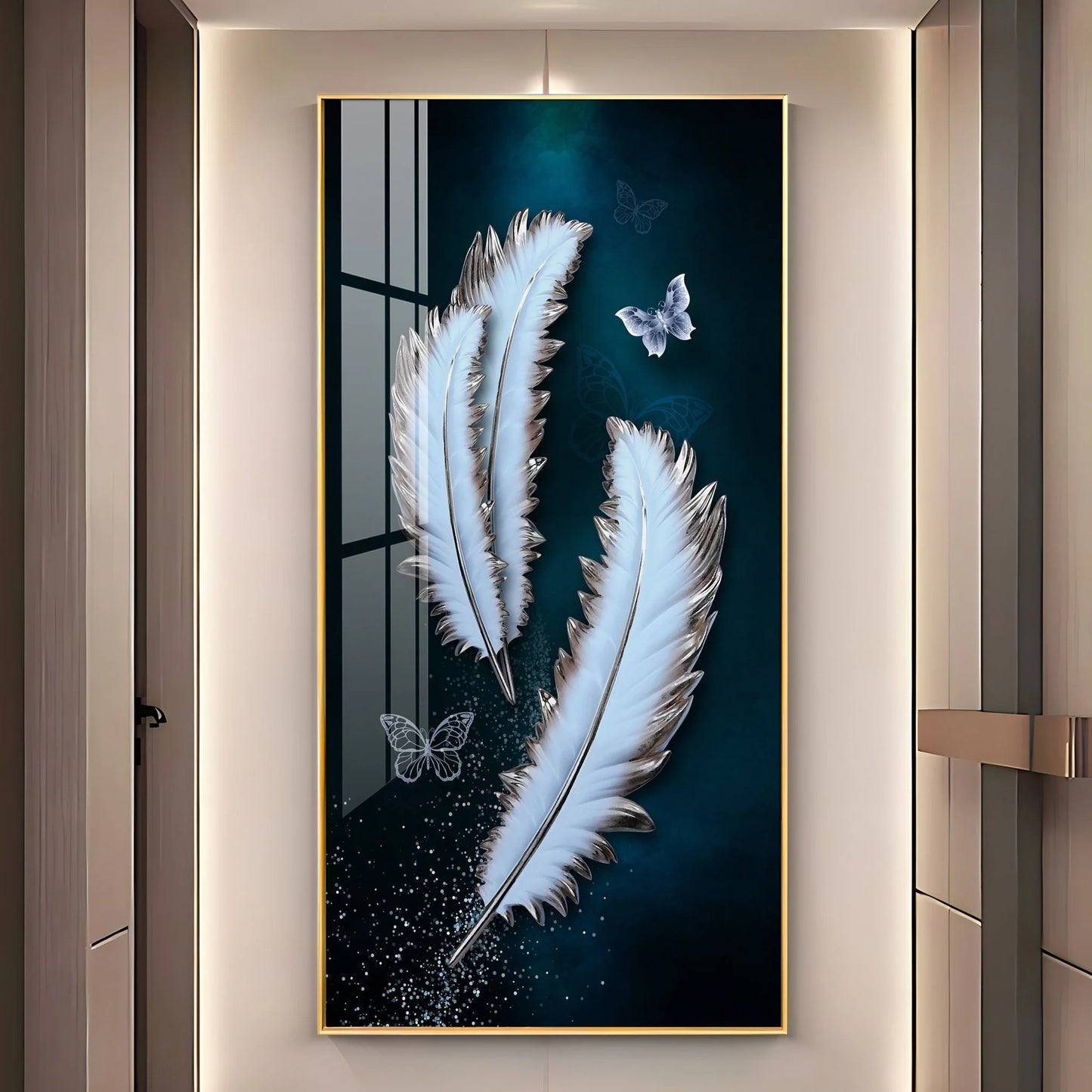Magical Feathers With Butterfly Luxury Crystal Vertical Wall Art