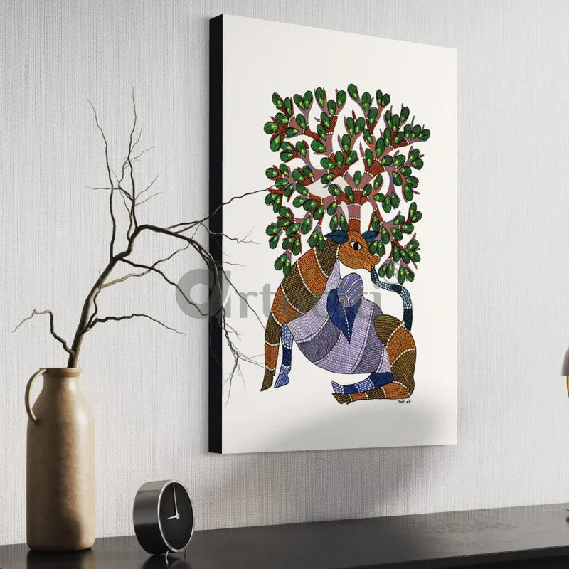 Majestic Deer with Tree Famous Canvas Painting Gond Art