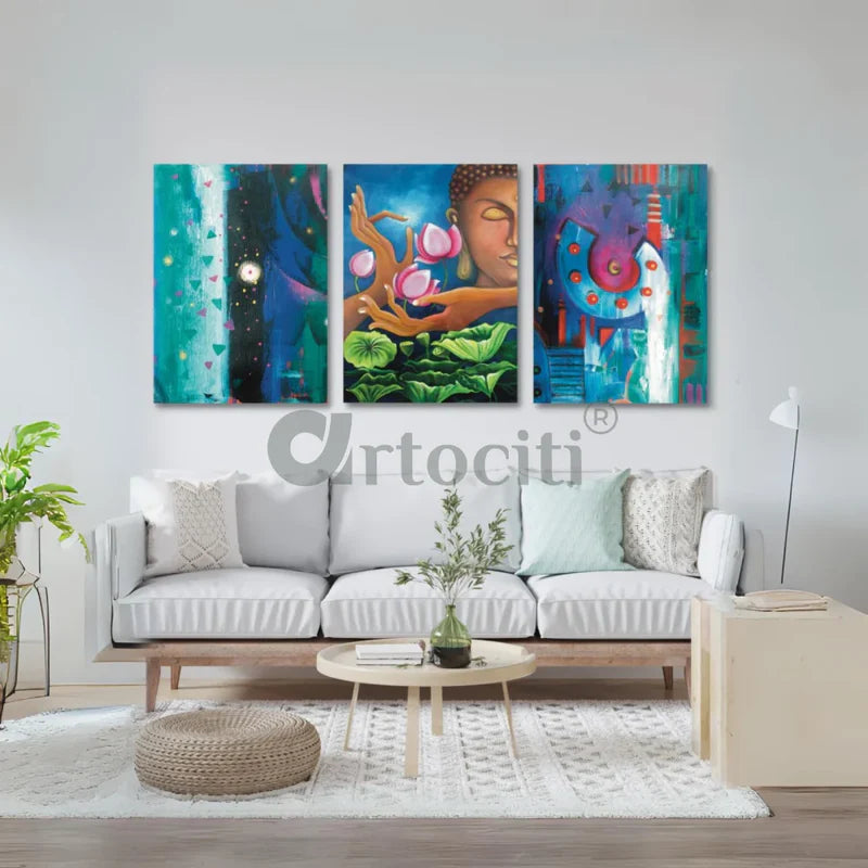 Modern Abstract Canvas Painting Buddha Set of 3