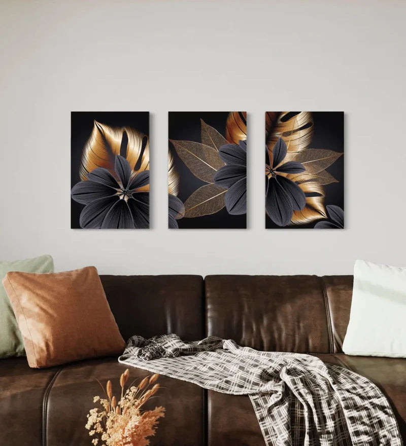 Modern Abstract Canvas Painting Golden Black Leaves Set of 3