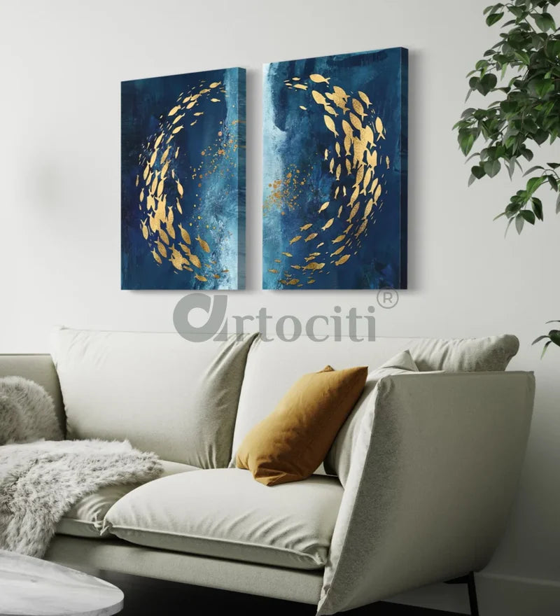 Modern Abstract Canvas Painting Ocean Abstract fishes Set of 2