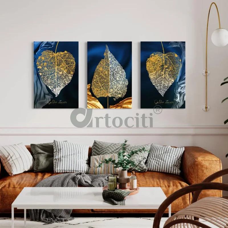 Modern Abstract Canvas Painting Peepal Leaves Set of 3 Giclee Print