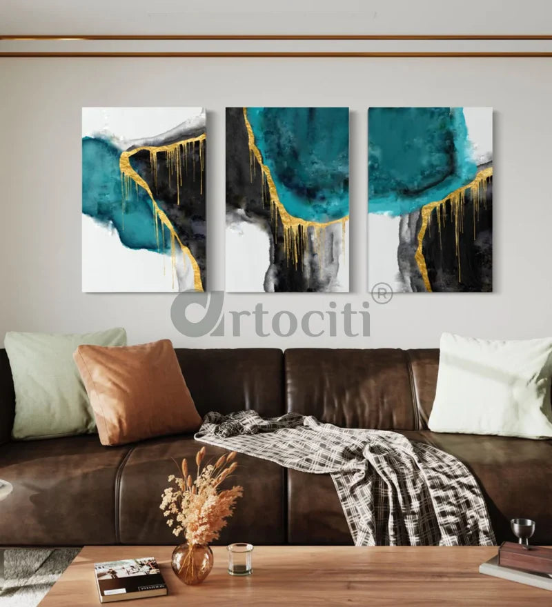 Modern Abstract Canvas Painting Teal and black Set of 3