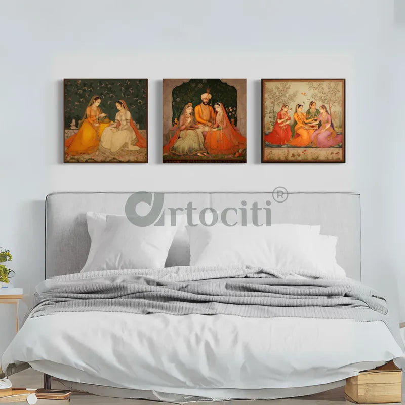 Mughal Elegance Trio Canvas Paintings Mughal Art