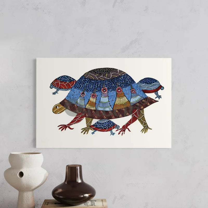 Multicolor Gond Art Turtle Canvas Giclee Print