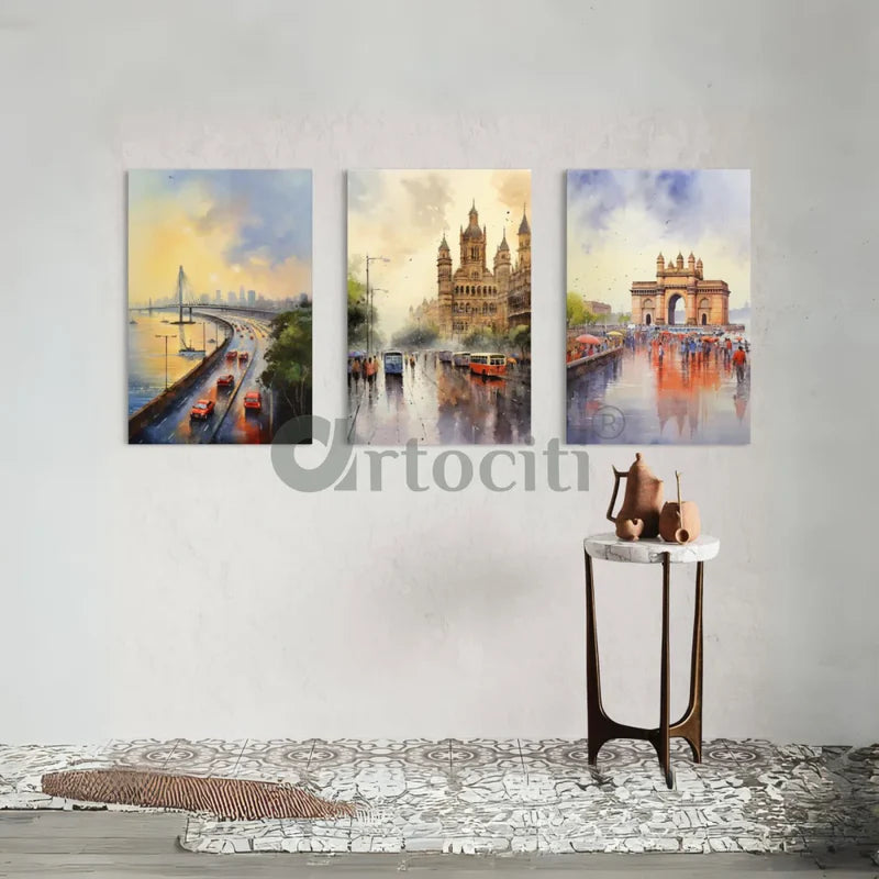 Mumbai Cityscape Watercolor Canvas Set World Famous Cities