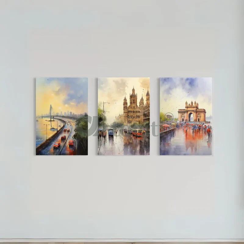 Mumbai Cityscape Watercolor Canvas Set World Famous Cities
