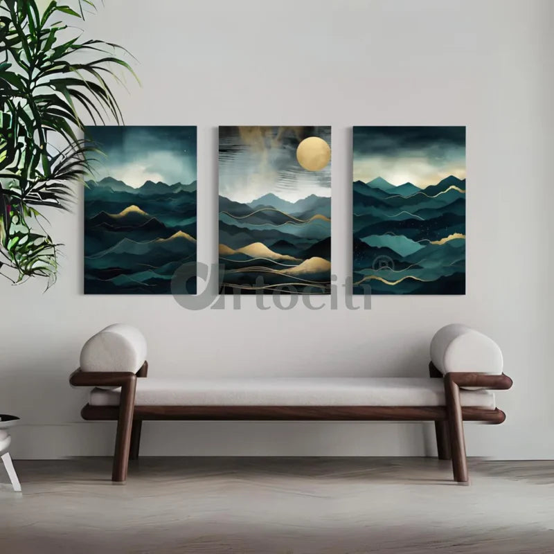 Mystic Mountain Sunrise: Set of 3 Abstract Canvas Paintings
