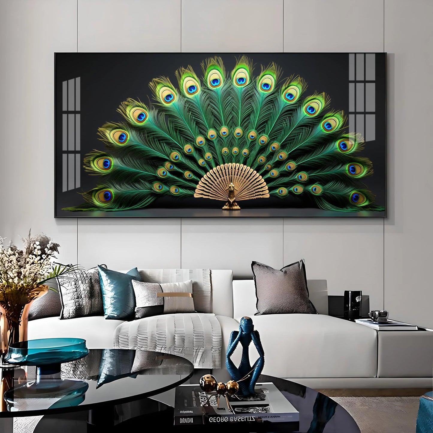 Noir Peacock Premium Acrylic Horizontal Wall Art