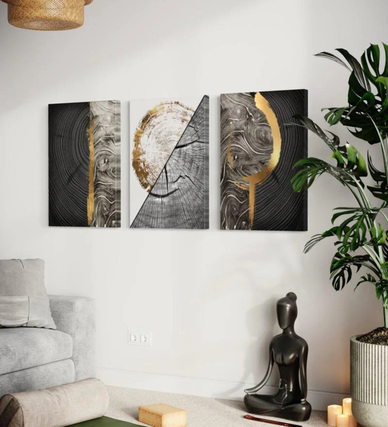 Golden Noir Trifecta Abstract Canvas Painting