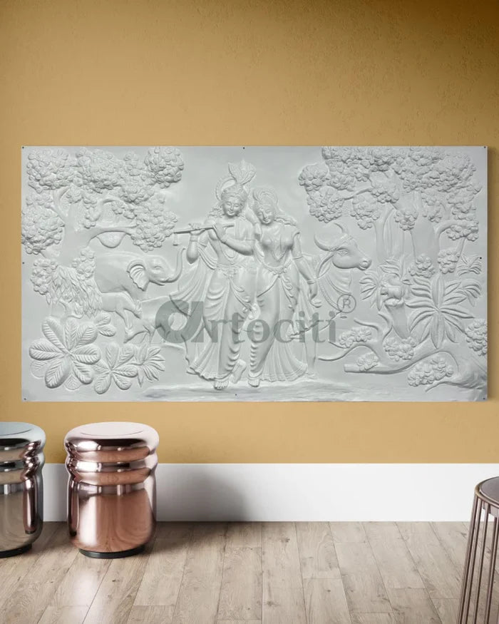 7x4 Feet Radha Krishna 3D Elevation Sculpture Relief Mural Wall Art