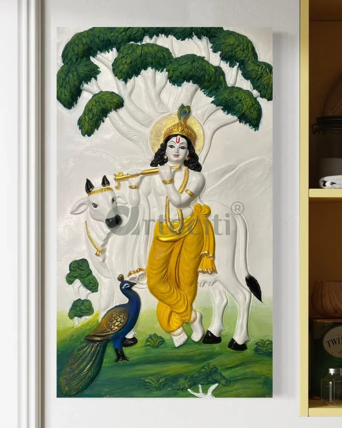48x28 Inches Krishna with Cow 3D Relief Mural