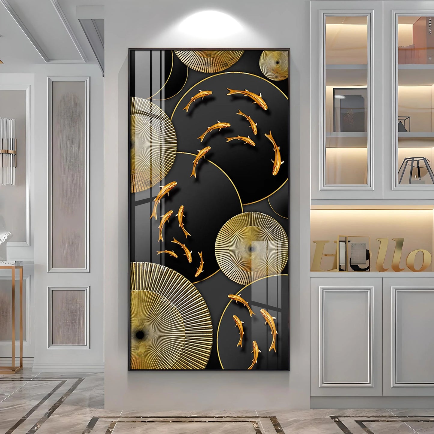 Optimistic Golden Koi Fishes Luxury Crystal Wall Art