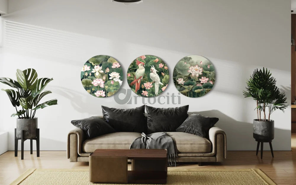 Pichwai Jungle Trio - Lotus & Bird Canvas Giclee Print (Set of 3)