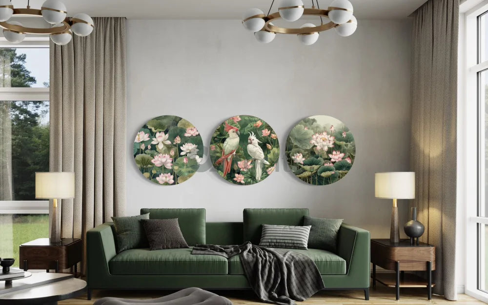 Pichwai Jungle Trio - Lotus & Bird Canvas Giclee Print (Set of 3)