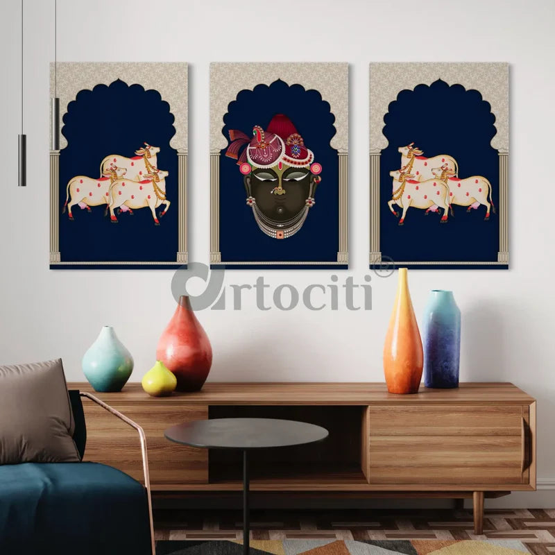 Pichwai Shrinath Ji Canvas Set with Cows and Elegance