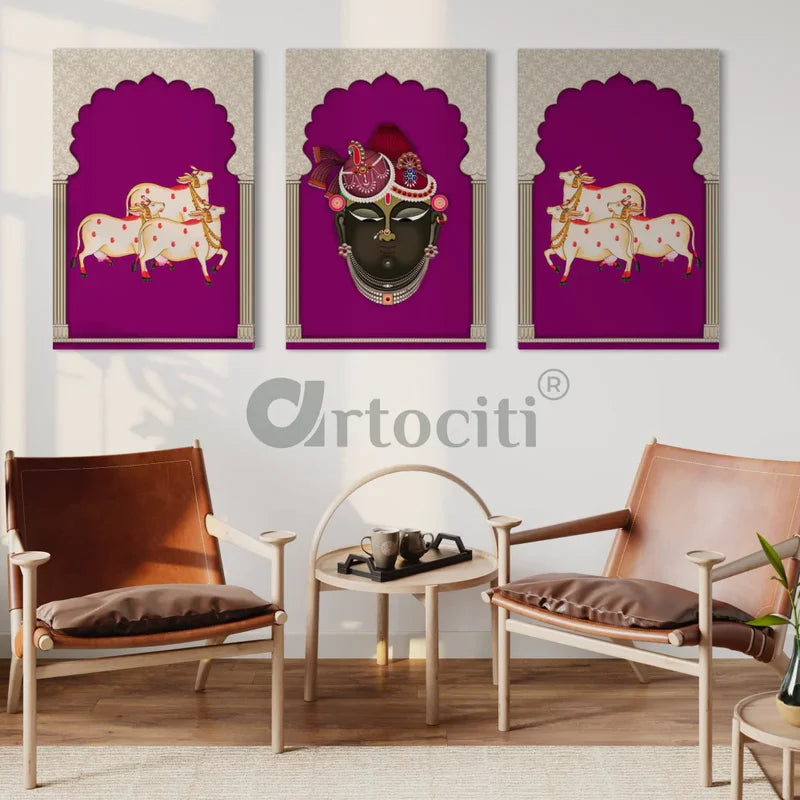Pichwai Shrinath Ji Canvas Set with Cows and Elegance