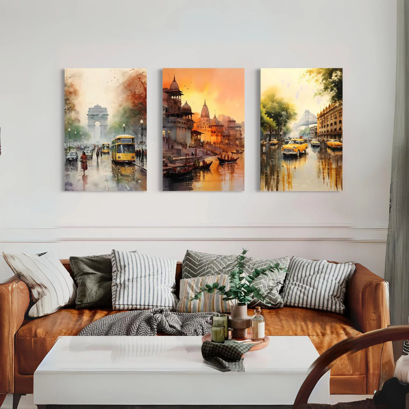 Iconic Indian Cities Canvas Set: Banaras, Kolkata, Delhi World Famous Cities