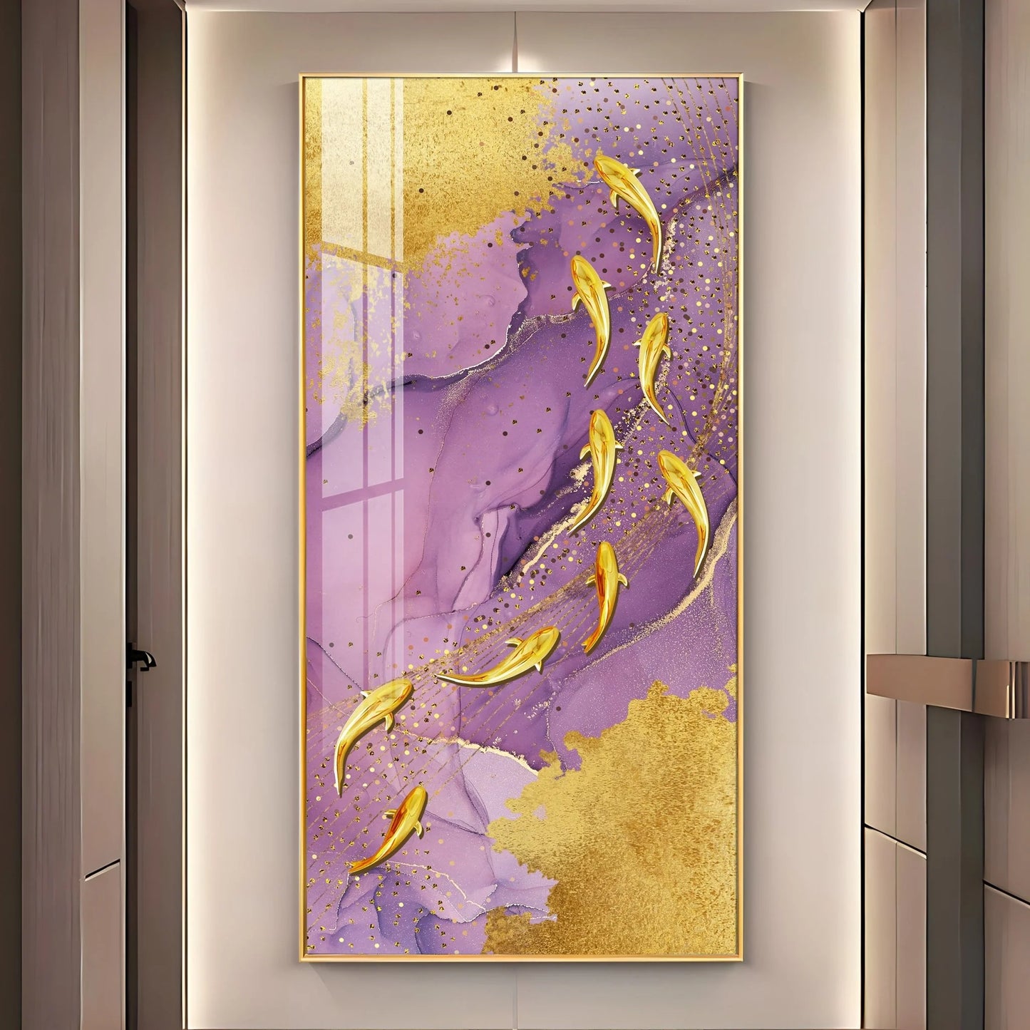 Purple Textured Golden Fish Luxury Crystal Vertical Wall Art
