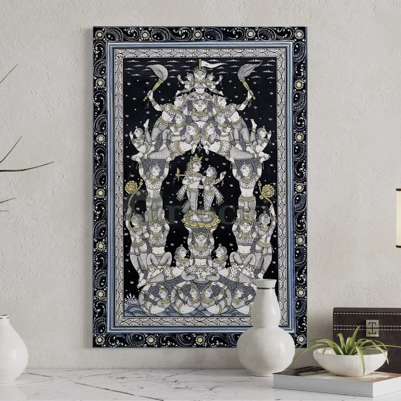 Radha Krishna Black & White Pattachitra Art Canvas Print