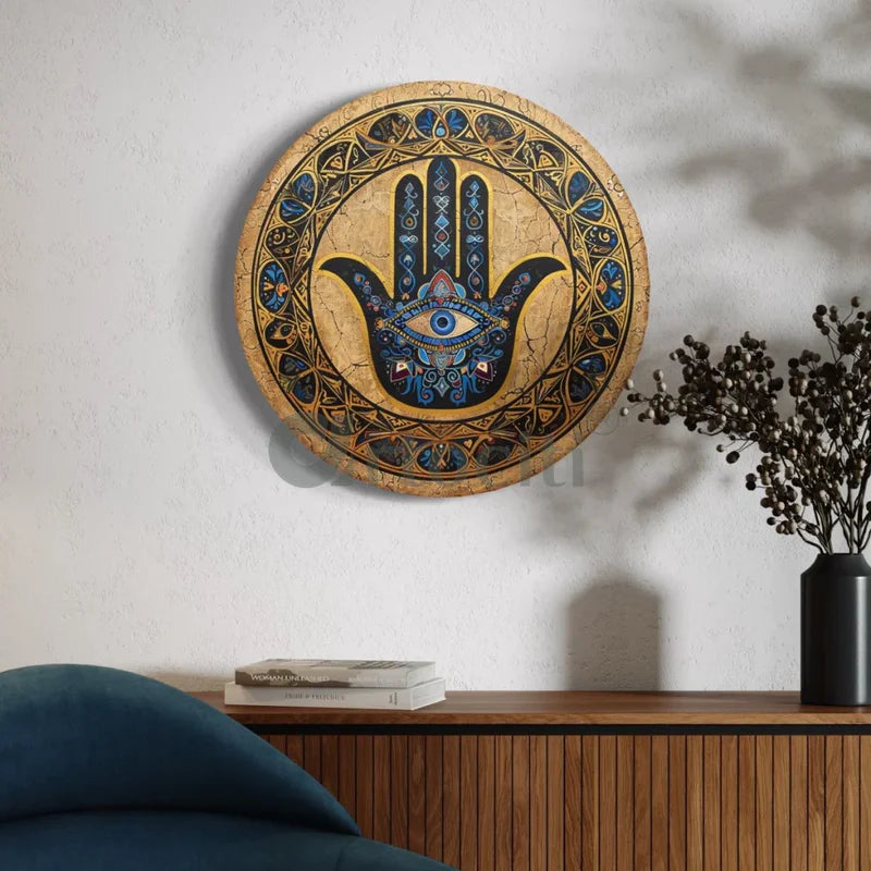 Round Hamsa Blue Hand Canvas Giclee Print Round Canvas Wall Art