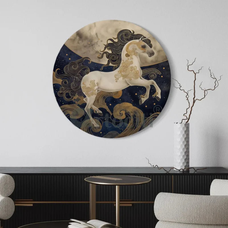 Round Horse Running on Sky Canvas Giclee Print Round Canvas Wall Art