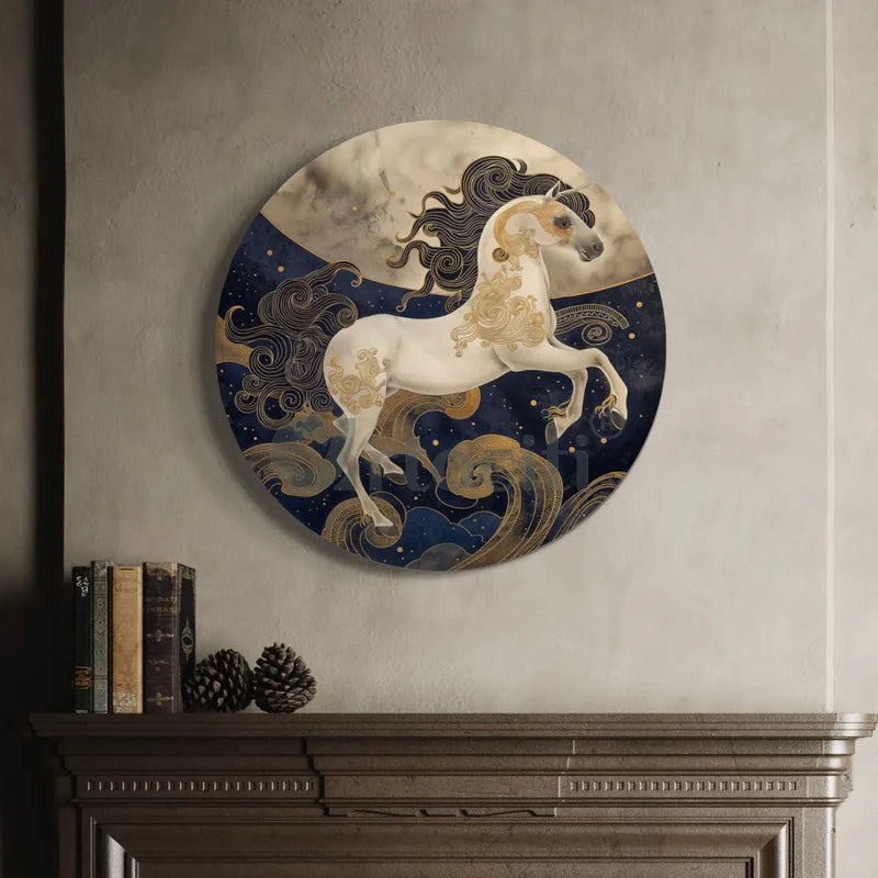 Round Horse Running on Sky Canvas Giclee Print Round Canvas Wall Art
