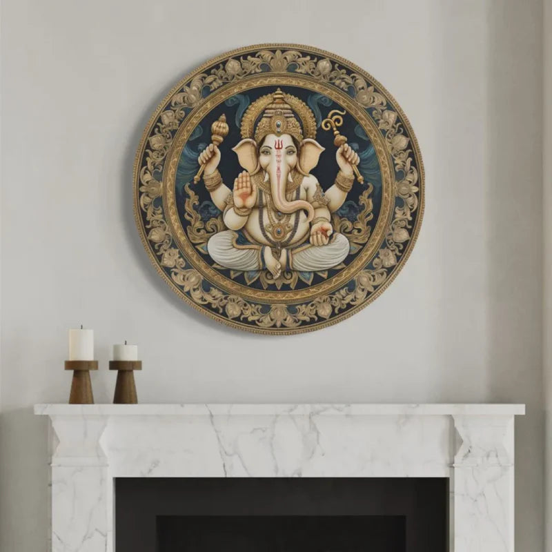 Round Lord Ganesha Canvas Giclee Print Round Canvas Wall Art