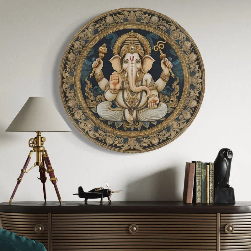 Round Lord Ganesha Canvas Giclee Print Round Canvas Wall Art