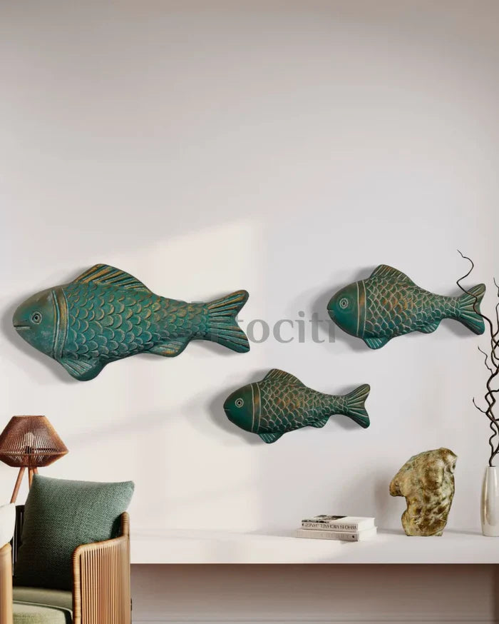 Set of 3 Ocean Blue Patina Finish Sea Bass Fish Relief Mural Wall Art | Ready to Hang
